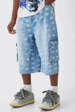 Longline All Over Distressed Cargo Denim Jorts In Light Blue | BoohooMAN UK