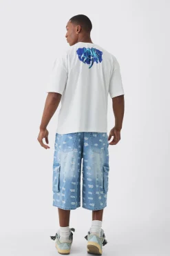 Longline All Over Distressed Cargo Denim Jorts In Light Blue | BoohooMAN UK