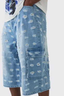 Longline All Over Distressed Cargo Denim Jorts In Light Blue | BoohooMAN UK