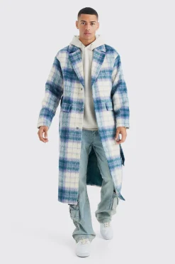 Longline Brushed Check Belted Overcoat | BoohooMAN UK