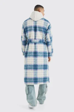 Longline Brushed Check Belted Overcoat | BoohooMAN UK
