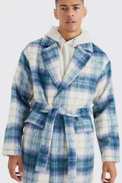 Longline Brushed Check Belted Overcoat | BoohooMAN UK
