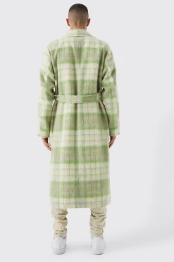 Longline Brushed Check Belted Overcoat | BoohooMAN UK