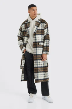 Longline Brushed Check Belted Overcoat | BoohooMAN UK
