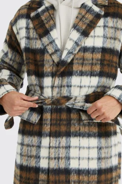 Longline Brushed Check Belted Overcoat | BoohooMAN UK