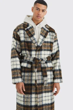 Longline Brushed Check Belted Overcoat | BoohooMAN UK
