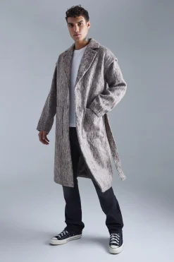 Longline Brushed Wool Look Belted Overcoat | BoohooMAN UK