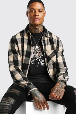 Longline Camel Check Shirt Camel | BoohooMAN UK