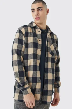Longline Camel Check Shirt Camel | BoohooMAN UK