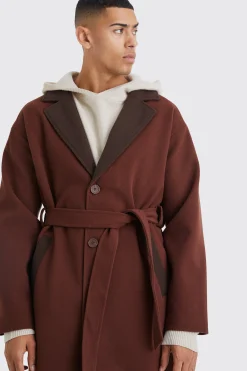 Longline Colour Block Belted Overcoat | BoohooMAN UK