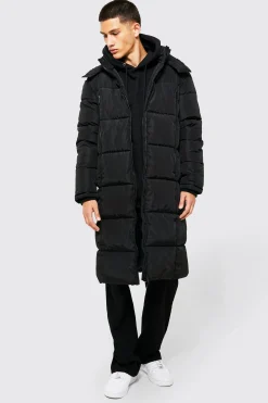 Longline Duvet Puffer In Black | BoohooMAN UK