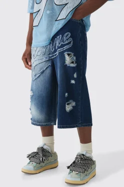Longline Homme Spliced Ripped Applique Denim Jorts In Blue | BoohooMAN UK