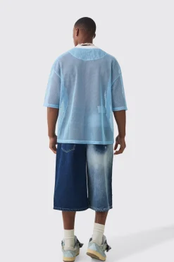 Longline Homme Spliced Ripped Applique Denim Jorts In Blue | BoohooMAN UK