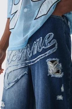 Longline Homme Spliced Ripped Applique Denim Jorts In Blue | BoohooMAN UK