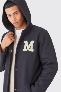 Longline Melton Varsity Overcoat With Hood | BoohooMAN UK
