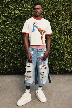 Longline Star Applique Gusset Denim Jorts In Light Blue | BoohooMAN UK