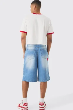 Longline Star Applique Gusset Denim Jorts In Light Blue | BoohooMAN UK