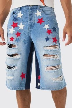 Longline Star Applique Gusset Denim Jorts In Light Blue | BoohooMAN UK