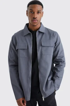 Longsleeve Zip Fastening Twill Overshirt | BoohooMAN UK