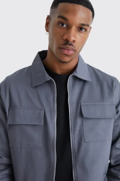 Longsleeve Zip Fastening Twill Overshirt | BoohooMAN UK