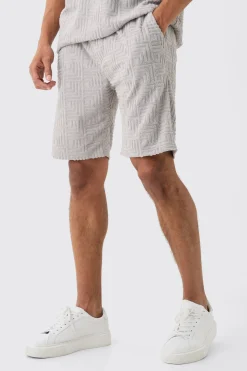 Loose Fit Geo Towelling Jacquard Shorts | BoohooMAN UK