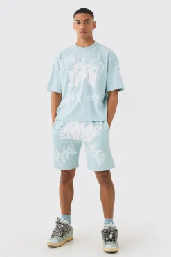 Loose Fit Graffiti Printed Jersey Shorts | BoohooMAN UK