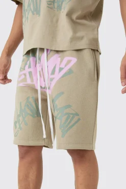 Loose Fit Graffiti Printed Jersey Shorts | BoohooMAN UK