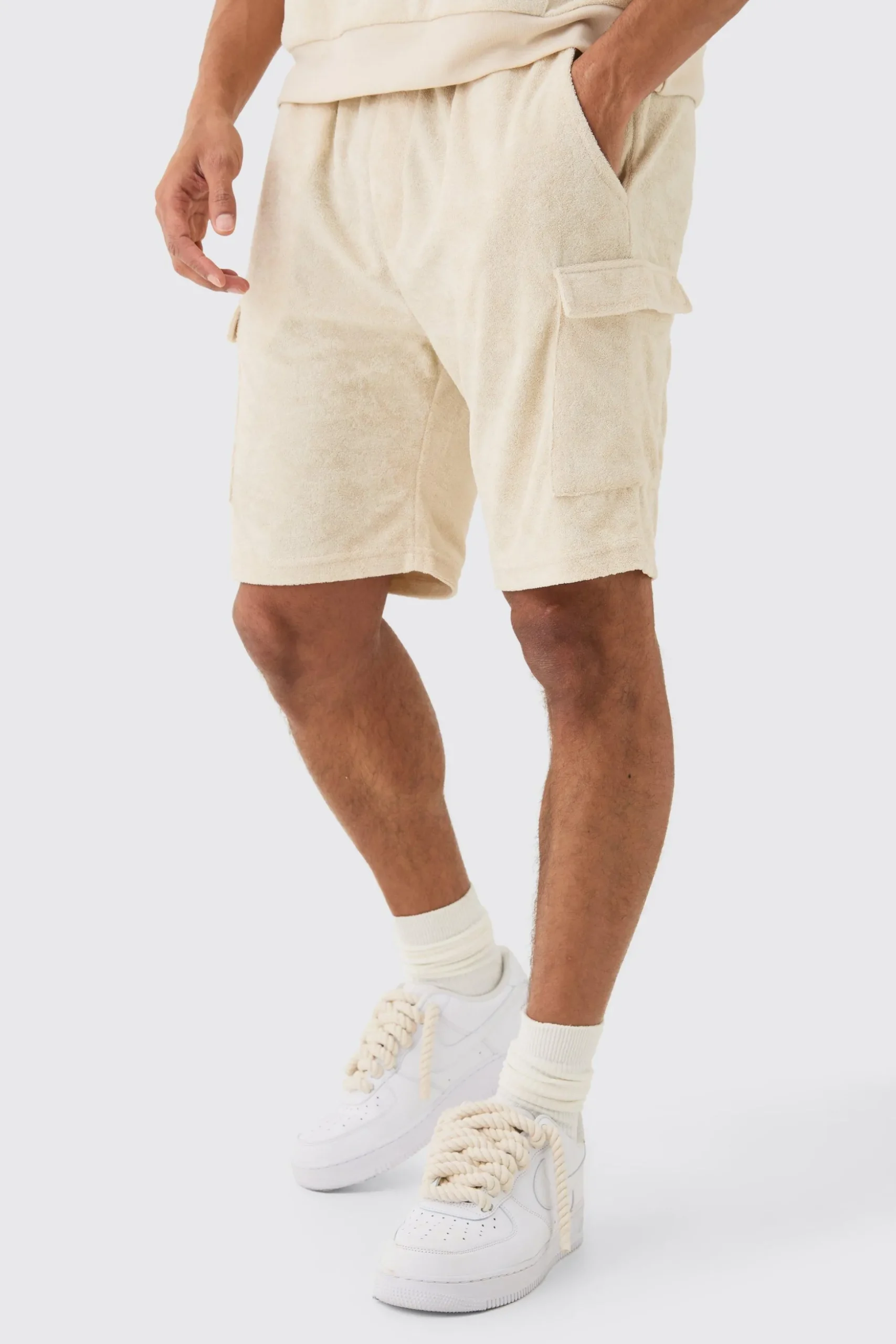 Loose Fit Mid Towelling Cargo Shorts | BoohooMAN UK