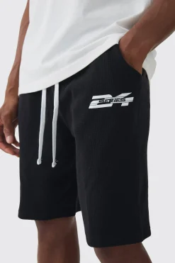Loose Fit Printed Waffle Mid Length Shorts | BoohooMAN UK