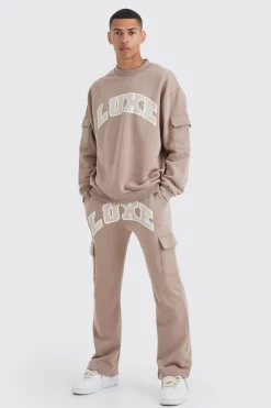 Luxe Graphic Cargo Pocket Gusset Tracksuit | BoohooMAN UK