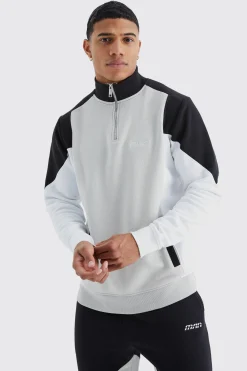 Man 1/4 Zip Funnel Neck Colour Block Sweatshirt | BoohooMAN UK