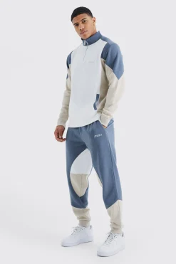 Man 1/4 Zip Funnel Neck Colour Block Tracksuit | BoohooMAN UK