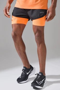 Man Active 2 In 1 Neon Orange 3inch Regular Fit Running Short | BoohooMAN UK