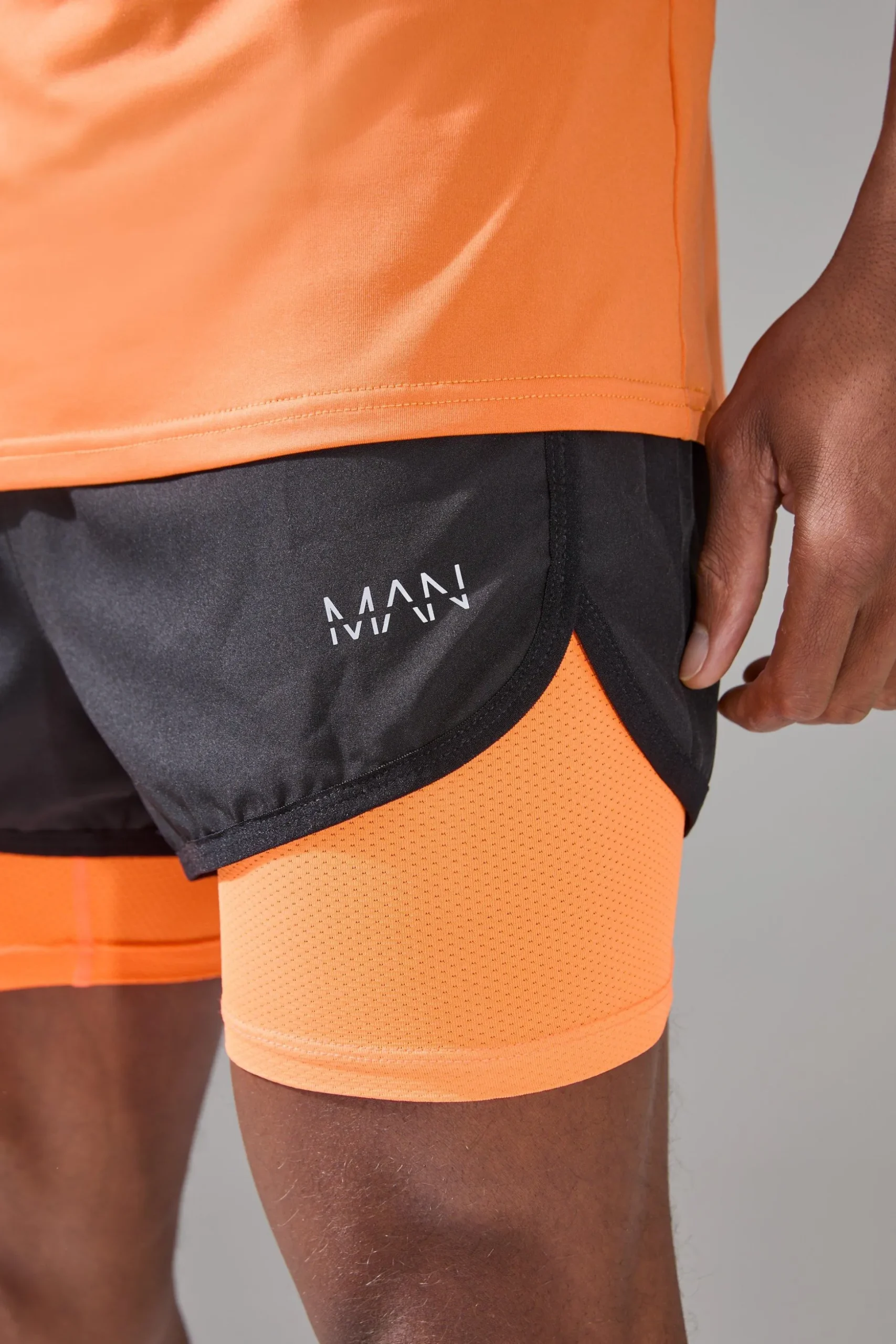Man Active 2 In 1 Neon Orange 3inch Regular Fit Running Short | BoohooMAN UK