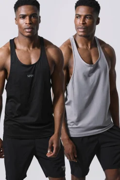 Man Active 2 Pack Regular Fit Stringer Vests | BoohooMAN UK