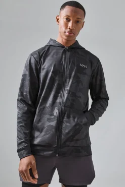 Man Active Camo Performance Regular Fit Zip Through Hoodie | BoohooMAN UK