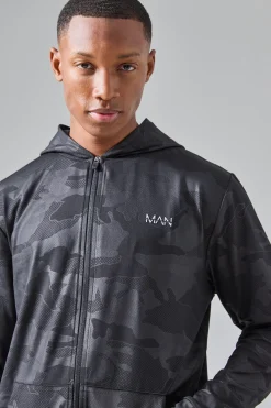 Man Active Camo Performance Regular Fit Zip Through Hoodie | BoohooMAN UK
