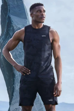Man Active Camo Racer Performance Regular Fit Tank | BoohooMAN UK