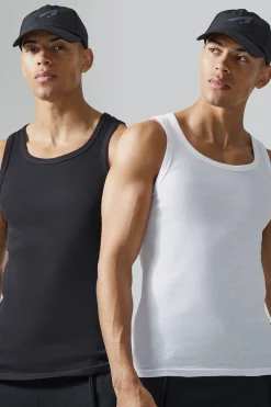 Man Active Gym Muscle Fit 2 Pack Ribbed Vests | BoohooMAN UK