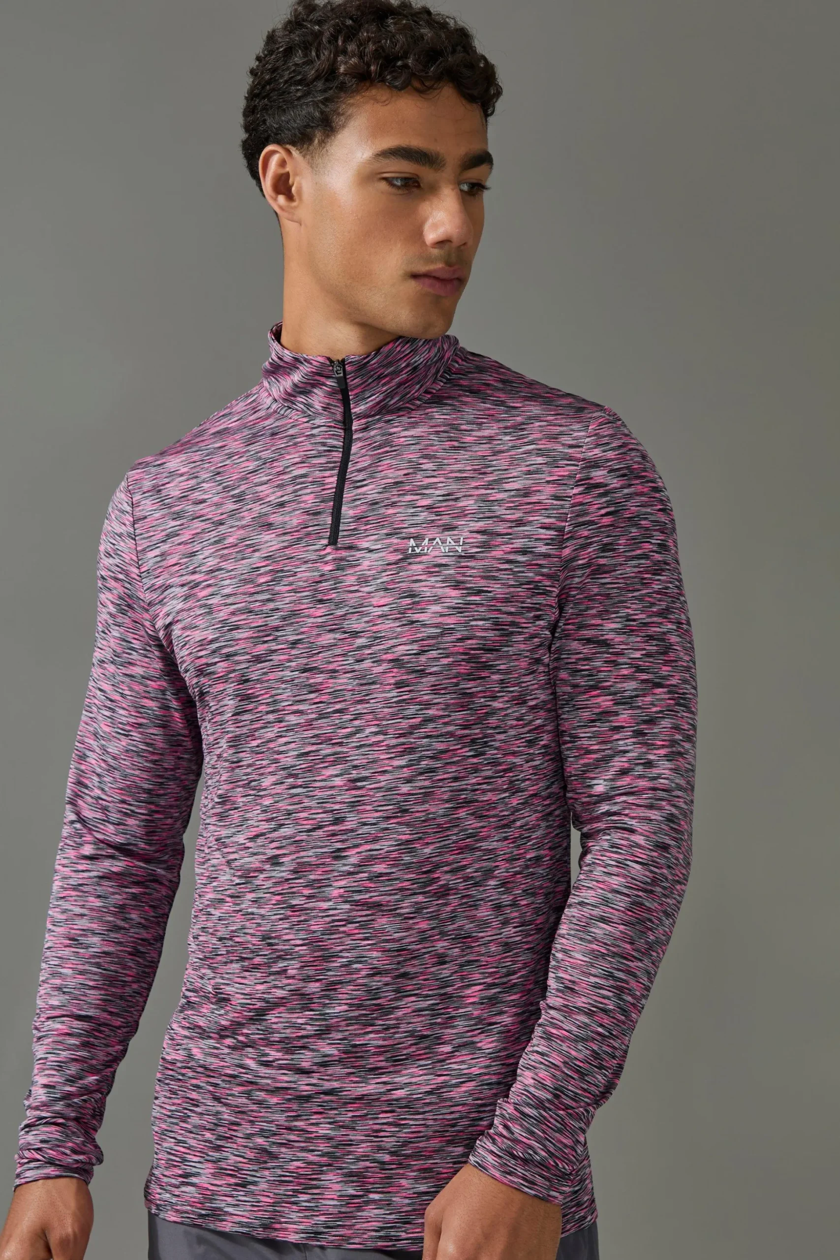 Man Active Lightweight Space Dye Marl 1/4 Zip Top | BoohooMAN UK