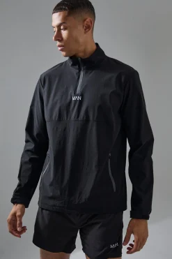 Man Active Shower Resist 1/4 Zip Funnel Neck Windbreaker | BoohooMAN UK