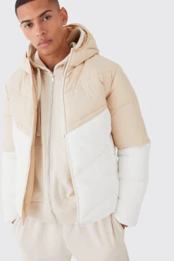 Man Colour Block Quilted Puffer With Hood | BoohooMAN UK