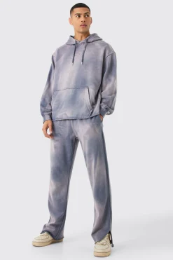 Man Embroidery Oversized Sun Bleached Wash Hooded Tracksuit | BoohooMAN UK