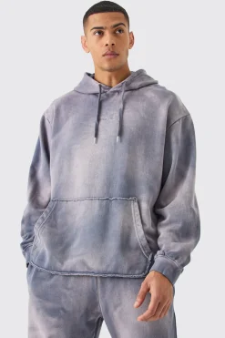 Man Embroidery Oversized Sun Bleached Wash Hooded Tracksuit | BoohooMAN UK