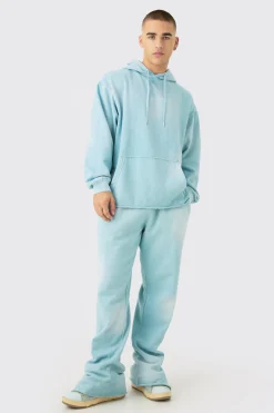 Man Embroidery Oversized Sun Bleached Wash Hooded Tracksuit | BoohooMAN UK