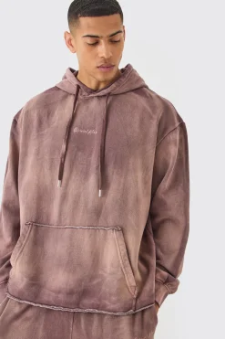 Man Embroidery Oversized Sun Bleached Wash Hoodie | BoohooMAN UK