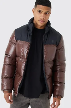 Man High Shine Colour Block Puffer | BoohooMAN UK