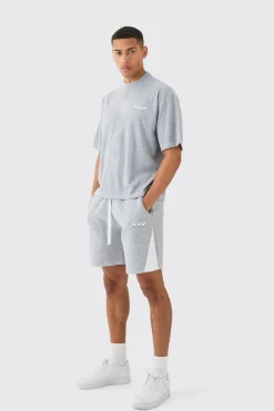 Man Oversized Boxy Contrast Stitch T-shirt Gusset Shorts Set | BoohooMAN UK