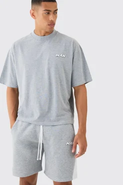Man Oversized Boxy Contrast Stitch T-shirt Gusset Shorts Set | BoohooMAN UK