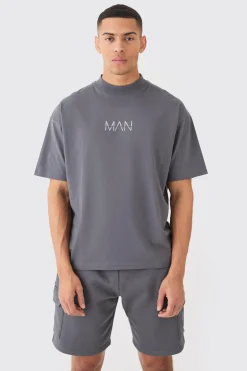 Man Oversized Extended Neck T-shirt And Cargo Short Set | BoohooMAN UK